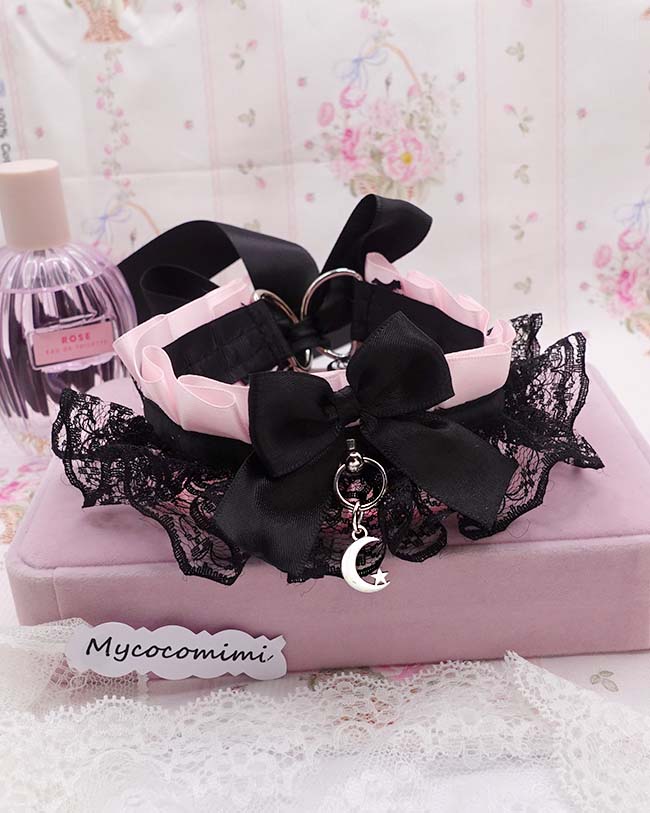 Pink KittenPlay Collar Crescent Moon Black Lace Choker | Kawaii Goth Neko Kitten Pet Play Day Collar | Emo Alternative Jewelry