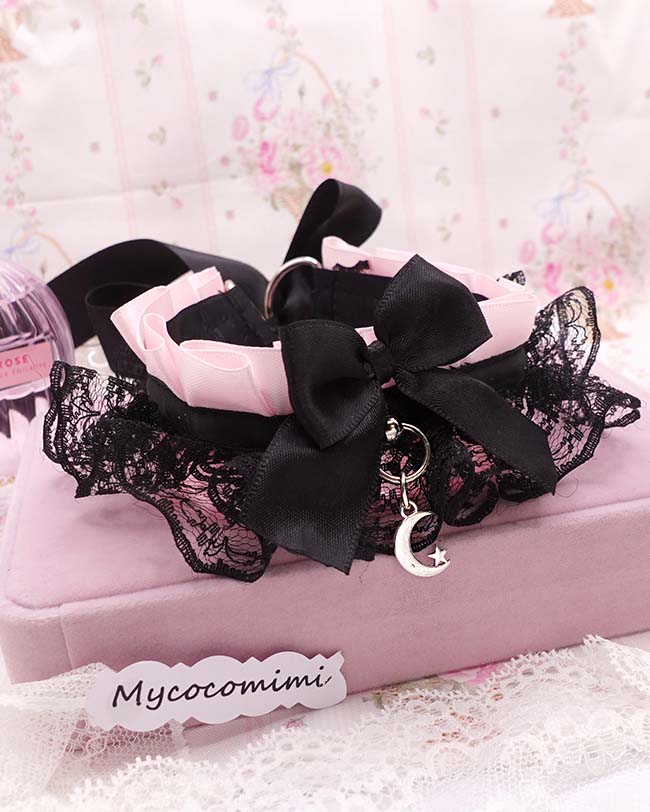 Pink KittenPlay Collar Crescent Moon Black Lace Choker | Kawaii Goth Neko Kitten Pet Play Day Collar | Emo Alternative Jewelry - Image 3