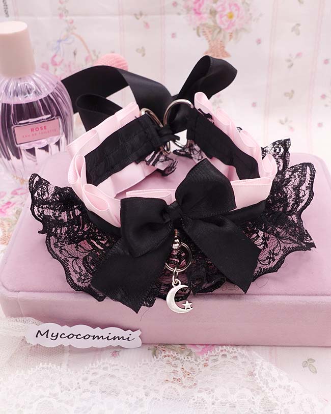Pink KittenPlay Collar Crescent Moon Black Lace Choker | Kawaii Goth Neko Kitten Pet Play Day Collar | Emo Alternative Jewelry - Image 4