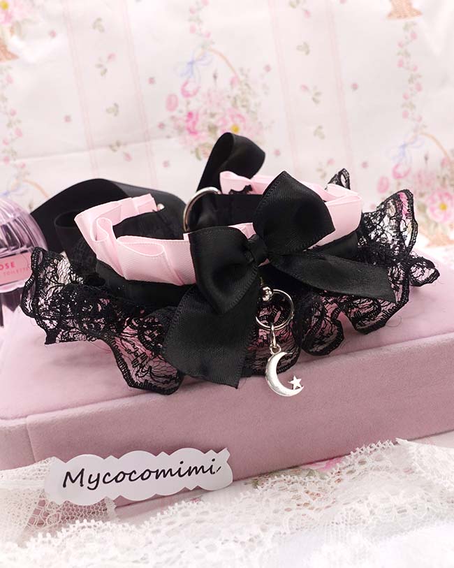 Pink KittenPlay Collar Crescent Moon Black Lace Choker | Kawaii Goth Neko Kitten Pet Play Day Collar | Emo Alternative Jewelry - Image 5