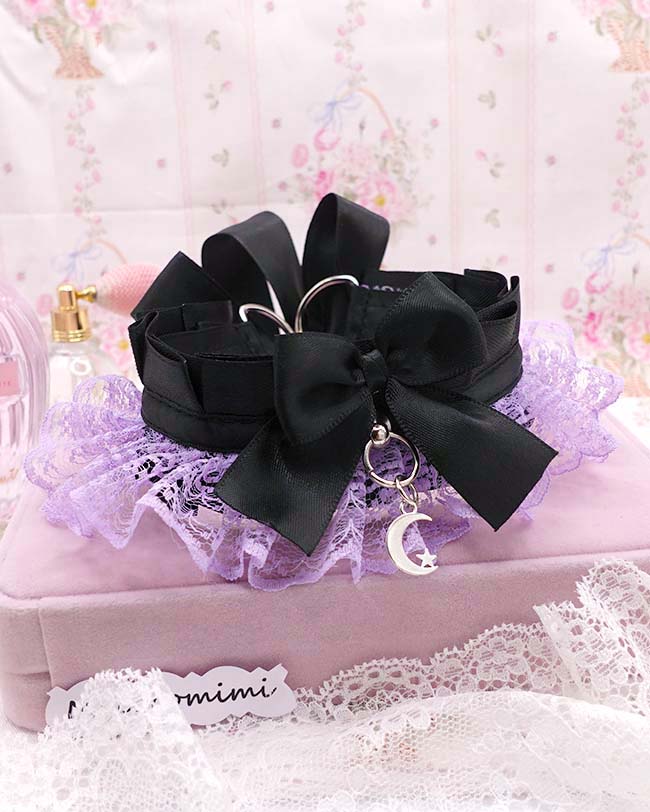 Lilac Purple KittenPlay Collar Crescent Moon Lace Black Bow Choker | Kawaii Goth Neko Kitten Pet Play Day Collar | Sub Alternative Jewelry - Image 3