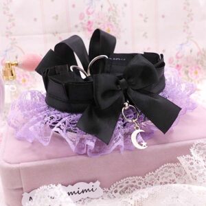 Lilac Purple KittenPlay Collar Crescent Moon Lace Black Bow Choker | Kawaii Goth Neko Kitten Pet Play Day Collar | Sub Alternative Jewelry