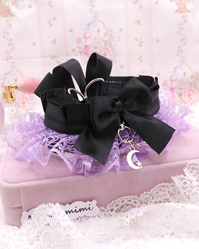 Lilac Purple KittenPlay Collar Crescent Moon Lace Black Bow Choker | Kawaii Goth Neko Kitten Pet Play Day Collar | Sub Alternative Jewelry