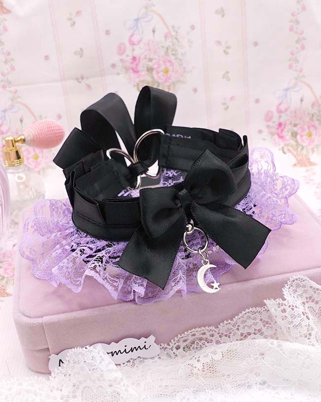 Lilac Purple KittenPlay Collar Crescent Moon Lace Black Bow Choker | Kawaii Goth Neko Kitten Pet Play Day Collar | Sub Alternative Jewelry - Image 2