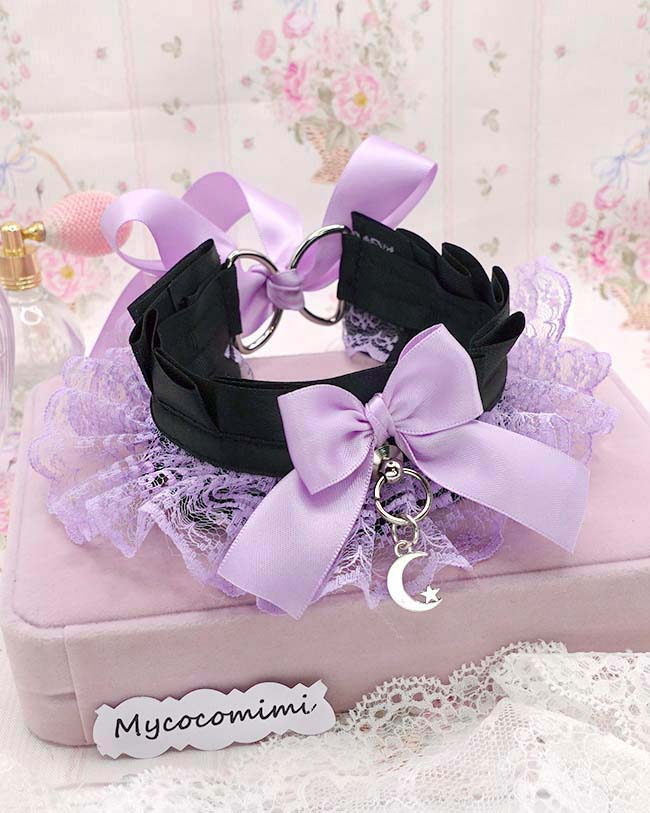 Lilac Kitten Play Collar, Purple Lace Ruffles Choker Necklace Black Bow, Little Crescent Moon Jewelry, Pastel GOth DDLG Kawaii Accessories - Image 2