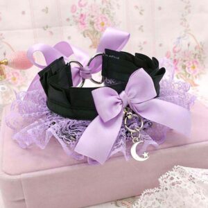 Lilac Kitten Play Collar, Purple Lace Ruffles Choker Necklace Black Bow, Little Crescent Moon Jewelry, Pastel GOth DDLG Kawaii Accessories