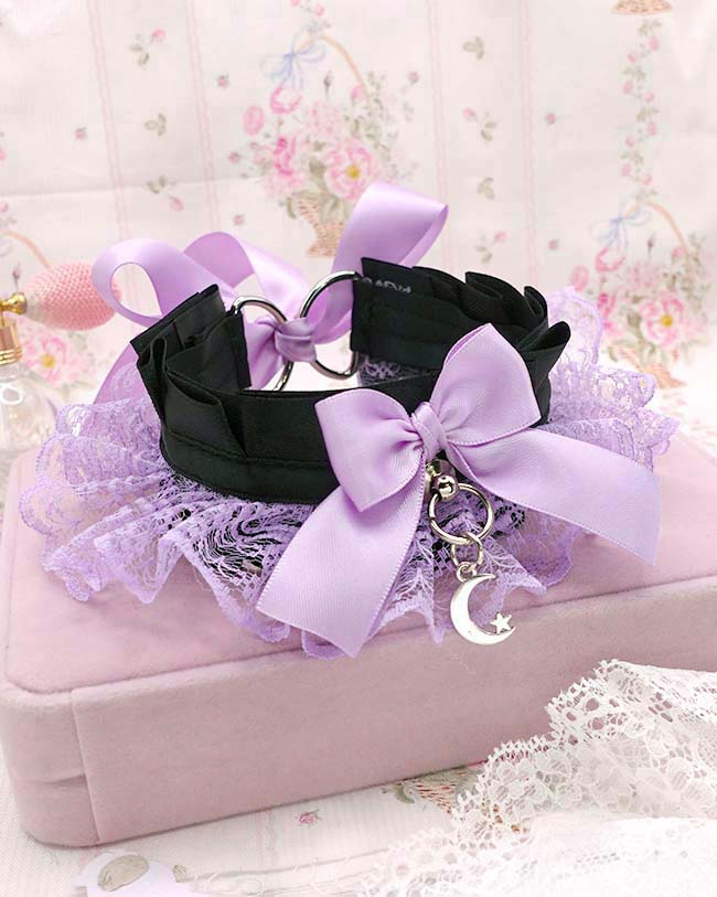 Lilac Kitten Play Collar, Purple Lace Ruffles Choker Necklace Black Bow, Little Crescent Moon Jewelry, Pastel GOth DDLG Kawaii Accessories