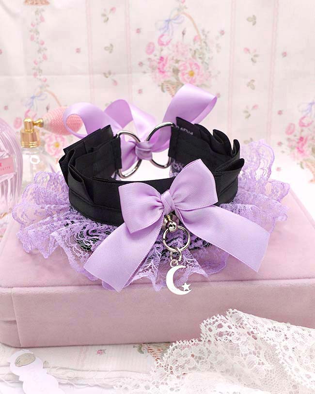 Lilac Kitten Play Collar, Purple Lace Ruffles Choker Necklace Black Bow, Little Crescent Moon Jewelry, Pastel GOth DDLG Kawaii Accessories - Image 4