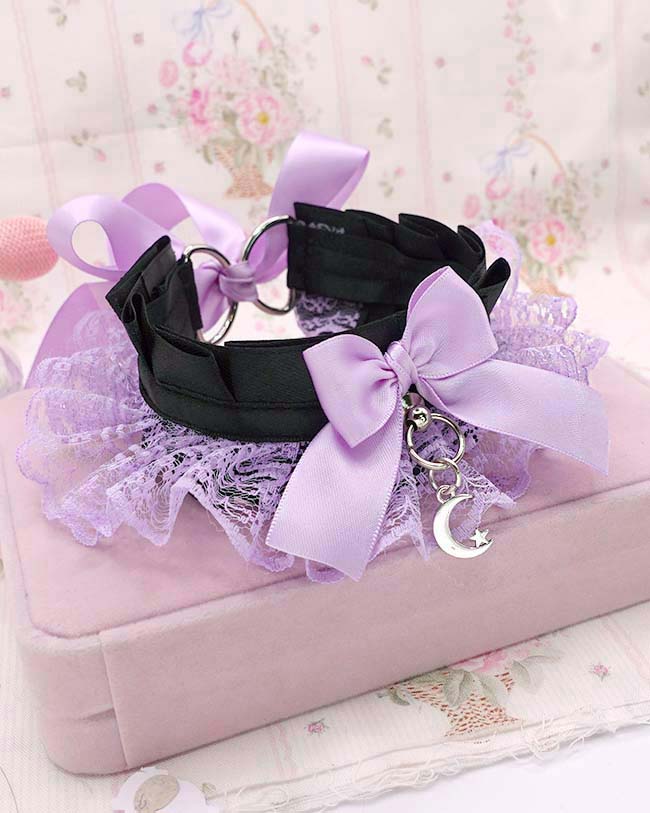 Lilac Kitten Play Collar, Purple Lace Ruffles Choker Necklace Black Bow, Little Crescent Moon Jewelry, Pastel GOth DDLG Kawaii Accessories - Image 5