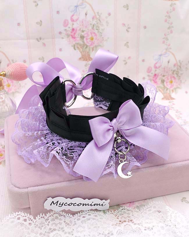 Lilac Kitten Play Collar, Purple Lace Ruffles Choker Necklace Black Bow, Little Crescent Moon Jewelry, Pastel GOth DDLG Kawaii Accessories - Image 6