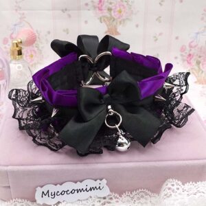 Purple Spiked Kittenplay Collar, Black Lace Bow Choker with Bell, Kawaii Goth Pet Play Gear, Sub Anime Necklace, Alternative Jewelry
