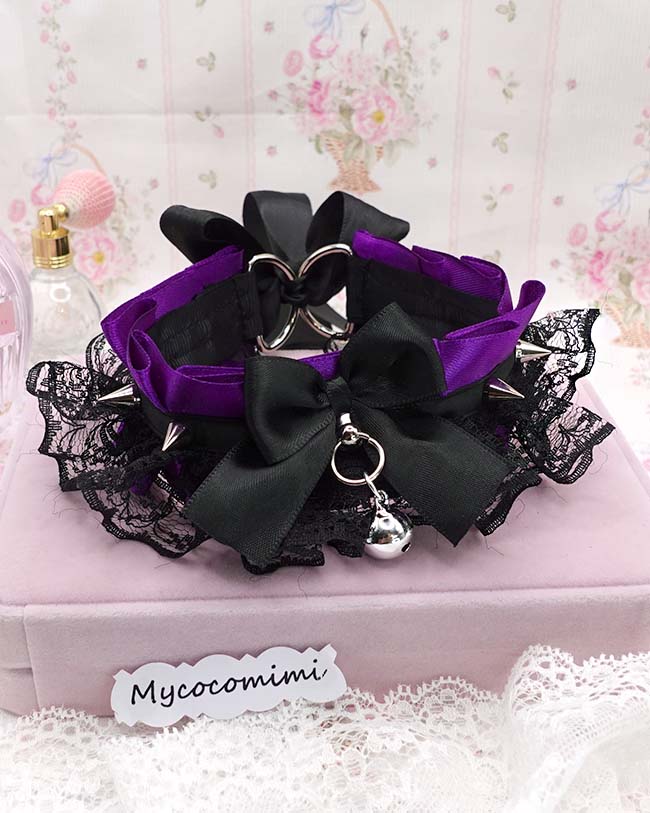 Purple Spiked Kittenplay Collar, Black Lace Bow Choker with Bell, Kawaii Goth Pet Play Gear, Sub Anime Necklace, Alternative Jewelry