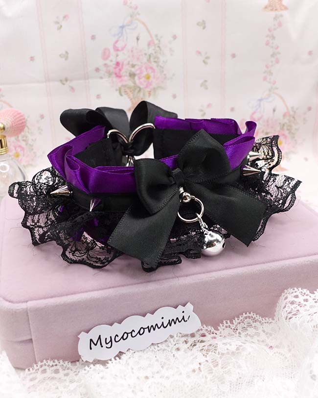 Purple Spiked Kittenplay Collar, Black Lace Bow Choker with Bell, Kawaii Goth Pet Play Gear, Sub Anime Necklace, Alternative Jewelry - Image 4