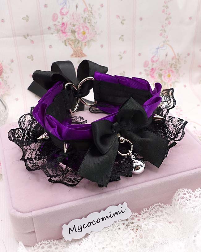 Purple Spiked Kittenplay Collar, Black Lace Bow Choker with Bell, Kawaii Goth Pet Play Gear, Sub Anime Necklace, Alternative Jewelry - Image 5