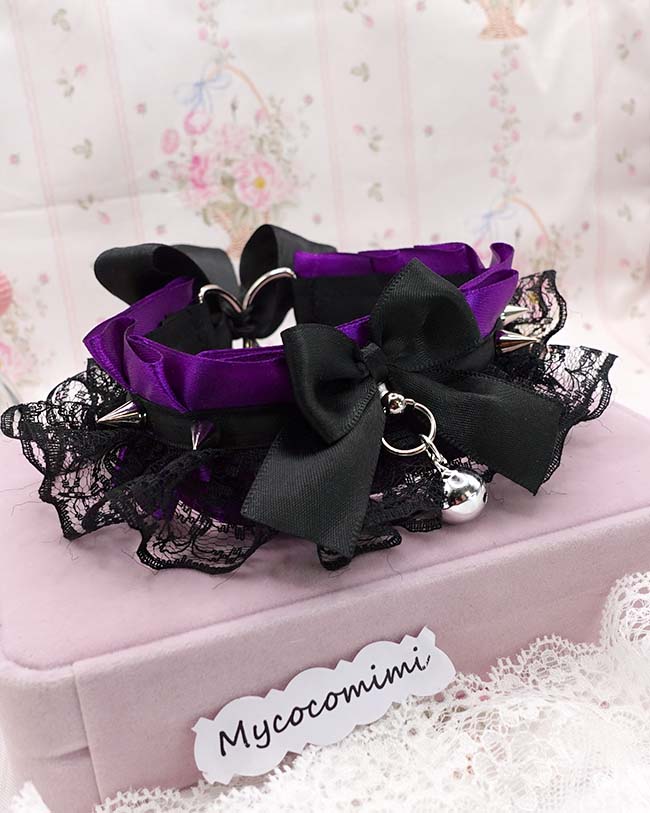 Purple Spiked Kittenplay Collar, Black Lace Bow Choker with Bell, Kawaii Goth Pet Play Gear, Sub Anime Necklace, Alternative Jewelry - Image 2