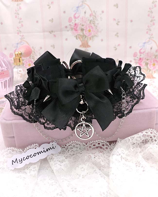 Pentagram Black Kitten Play Collar, Lace Ruffles Spikes Kittenplay choker necklace, with bow and chain, Dark Gothic Goth Alternative Mia - Image 2