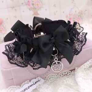 Pentagram Black Kitten Play Collar, Lace Ruffles Spikes Kittenplay choker necklace, with bow and chain, Dark Gothic Goth Alternative Mia