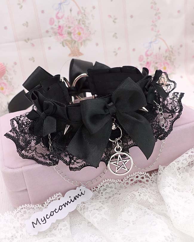 Pentagram Black Kitten Play Collar, Lace Ruffles Spikes Kittenplay choker necklace, with bow and chain, Dark Gothic Goth Alternative Mia
