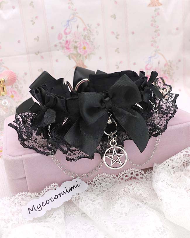 Pentagram Black Kitten Play Collar, Lace Ruffles Spikes Kittenplay choker necklace, with bow and chain, Dark Gothic Goth Alternative Mia - Image 4