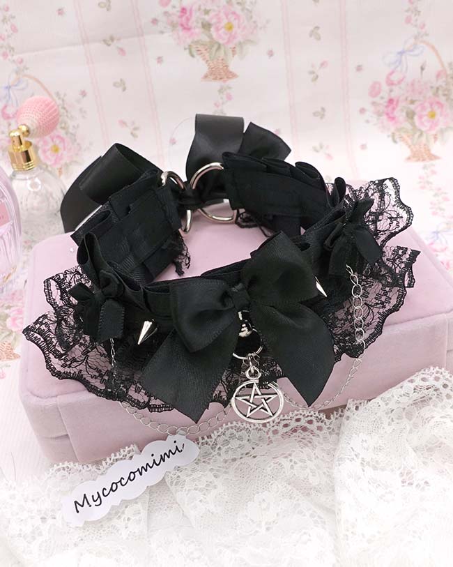 Pentagram Black Kitten Play Collar, Lace Ruffles Spikes Kittenplay choker necklace, with bow and chain, Dark Gothic Goth Alternative Mia - Image 5