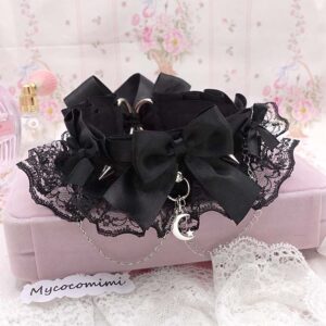 Kitten Play Collar, Black Lace Choker, Crescent Moon Spikes Bow Necklace, Kawaii Goth Jewelry, Alternative BDSM Collar, Cute Emo Accessory