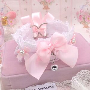 White Kitten Play Collar with Bell, Baby Pink Bow Lace Choker, Pearl Heart DDLG Cosplay, Adult Pet Play Gear, Kawaii Neko Costume Jewelry