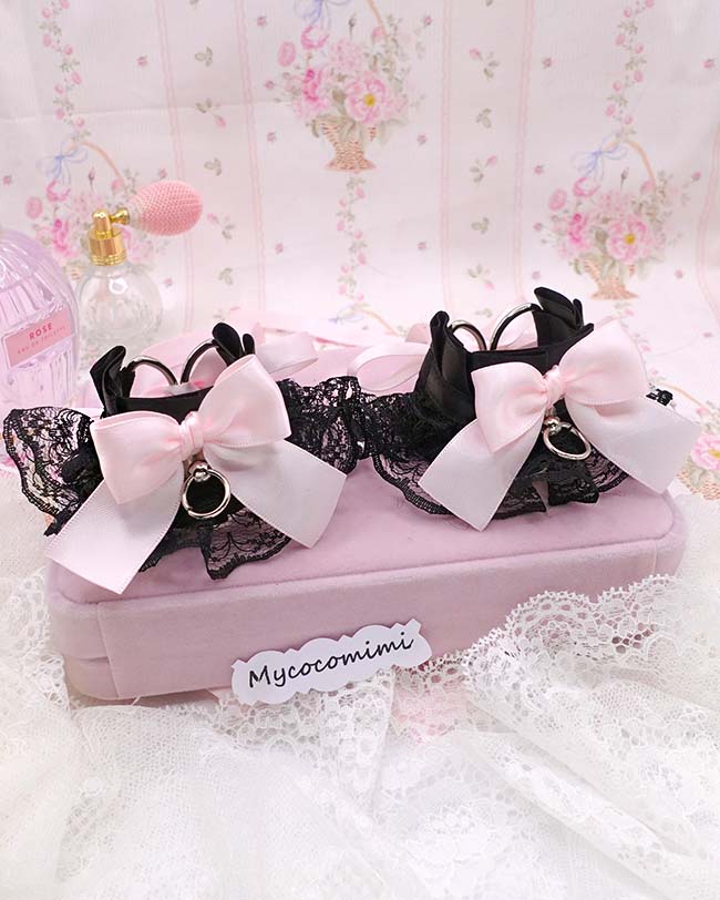 Black Lace Cuffs Bracelet, Kitten Pet Play Gear, Pink Bow Wristbands, Kawaii Goth Accessories, Alternative Jewelry, 2 Pcs Set - Image 2