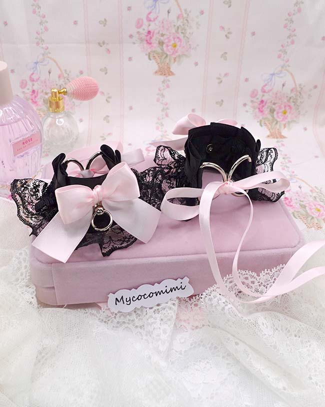 Black Lace Cuffs Bracelet, Kitten Pet Play Gear, Pink Bow Wristbands, Kawaii Goth Accessories, Alternative Jewelry, 2 Pcs Set - Image 3