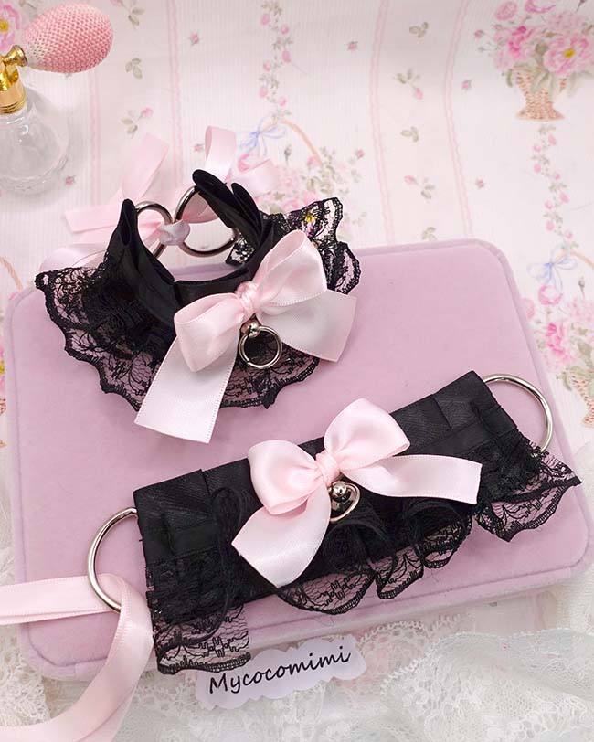 Black Lace Cuffs Bracelet, Kitten Pet Play Gear, Pink Bow Wristbands, Kawaii Goth Accessories, Alternative Jewelry, 2 Pcs Set - Image 4
