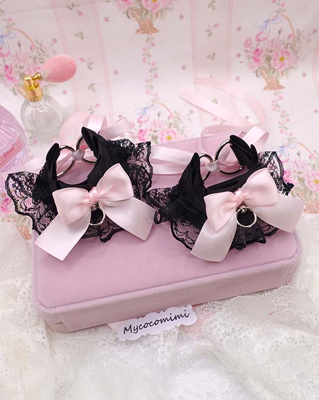 Black Lace Cuffs Bracelet, Kitten Pet Play Gear, Pink Bow Wristbands, Kawaii Goth Accessories, Alternative Jewelry, 2 Pcs Set - Image 5