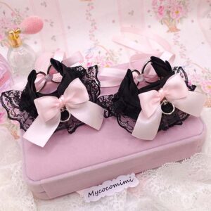 Black Lace Cuffs Bracelet, Kitten Pet Play Gear, Pink Bow Wristbands, Kawaii Goth Accessories, Alternative Jewelry, 2 Pcs Set