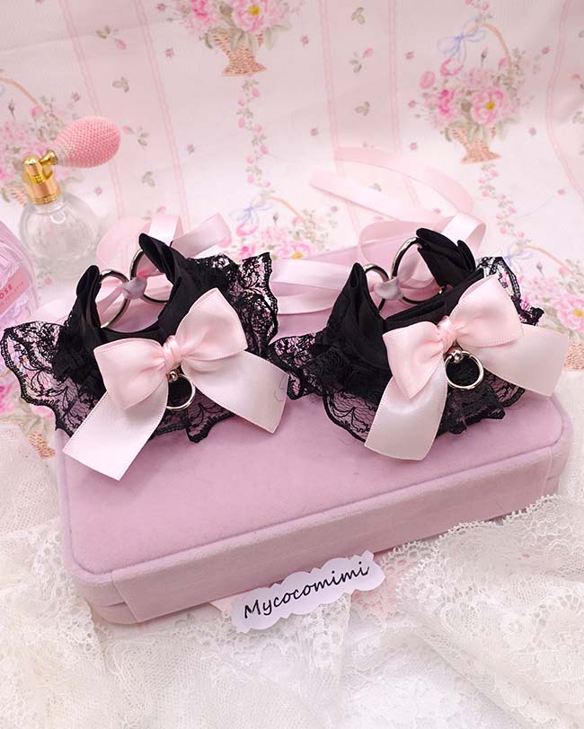 Black Lace Cuffs Bracelet, Kitten Pet Play Gear, Pink Bow Wristbands, Kawaii Goth Accessories, Alternative Jewelry, 2 Pcs Set