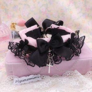 Cross Goth Kitten Play Collar, Black and Pink Lace Choker Necklace Bow & Chain, Alternative J-Fashion Jewelry, BDSM Pet Play