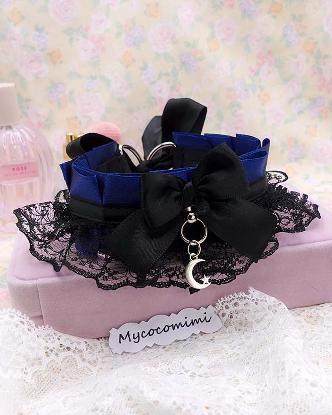 Crescent Moon Kitten Play Collar, Navy Blue Black Lace Gothic Choker, BDSM Kittenplay Soft Goth Jewelry Gift for Her - Image 2