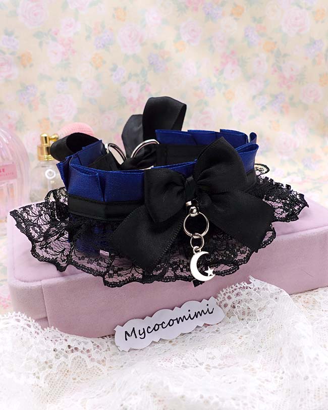 Crescent Moon Kitten Play Collar, Navy Blue Black Lace Gothic Choker, BDSM Kittenplay Soft Goth Jewelry Gift for Her - Image 3