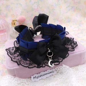 Crescent Moon Kitten Play Collar, Navy Blue Black Lace Gothic Choker, BDSM Kittenplay Soft Goth Jewelry Gift for Her