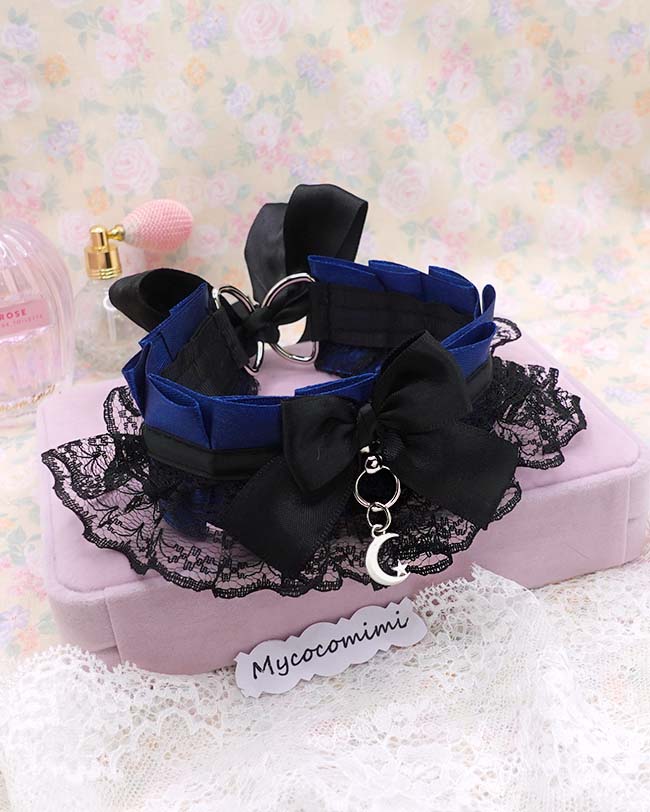 Crescent Moon Kitten Play Collar, Navy Blue Black Lace Gothic Choker, BDSM Kittenplay Soft Goth Jewelry Gift for Her