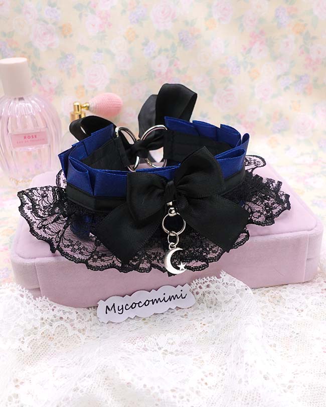 Crescent Moon Kitten Play Collar, Navy Blue Black Lace Gothic Choker, BDSM Kittenplay Soft Goth Jewelry Gift for Her - Image 5