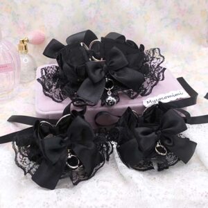 Black Kitten Pet Play Gear Collar and Cuffs Set, Lace Gothic Choker Necklace Bracelet with Bow Bell, Goth Jewelry Dark Anime Cosplay