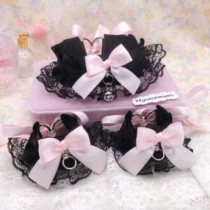 Black Kitten Pet Play Gear Collar and Cuffs Set, Lace Gothic Choker Necklace Bracelet with Pink Bow Bell, Goth Jewelry Dark Anime Cosplay