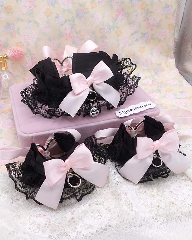 Black Kitten Pet Play Gear Collar and Cuffs Set, Lace Gothic Choker Necklace Bracelet with Pink Bow Bell, Goth Jewelry Dark Anime Cosplay - Image 3