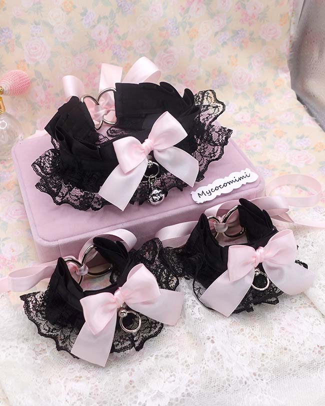 Black Kitten Pet Play Gear Collar and Cuffs Set, Lace Gothic Choker Necklace Bracelet with Pink Bow Bell, Goth Jewelry Dark Anime Cosplay - Image 4