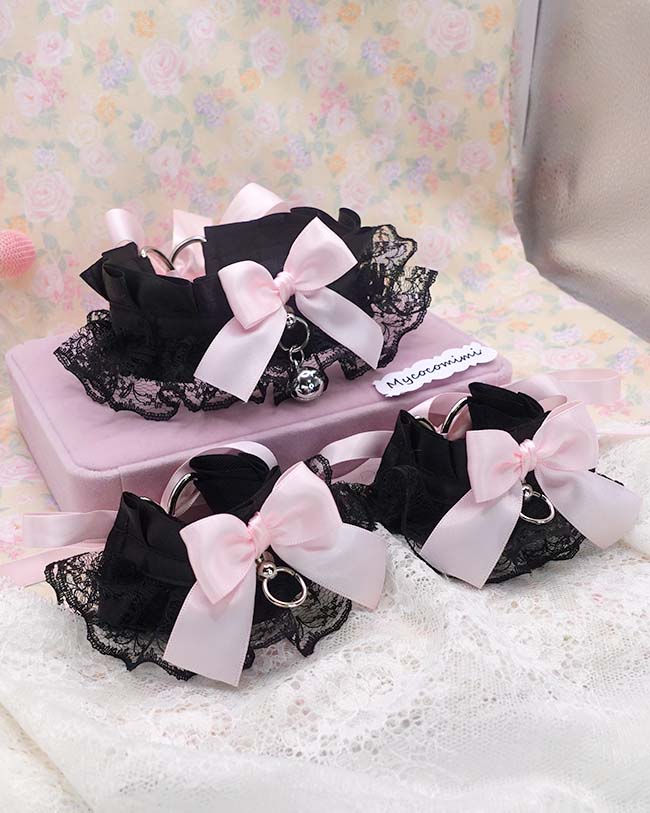 Black Kitten Pet Play Gear Collar and Cuffs Set, Lace Gothic Choker Necklace Bracelet with Pink Bow Bell, Goth Jewelry Dark Anime Cosplay - Image 5