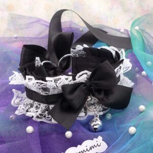 Black & White Lace Kitten play Collar – Kawaii Goth Choker with Bow Bell, Ruffle Lace Choker Necklace, Alternative Cosplay Jewellery
