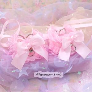 Pink Lace Ruffle Wrist Cuffs – Kawaii Kitten Play Gear Bow Cuffs, Pastel Cosplay Bracelets, Coquette Accessories, Cute Alternative Fashion