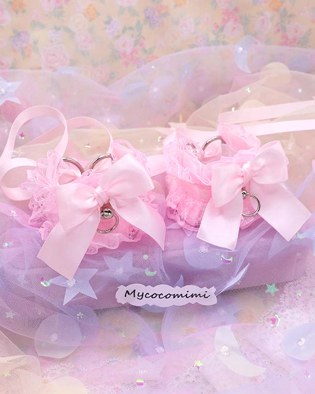 Pink Lace Ruffle Wrist Cuffs – Kawaii Kitten Play Gear Bow Cuffs, Pastel Cosplay Bracelets, Coquette Accessories, Cute Alternative Fashion