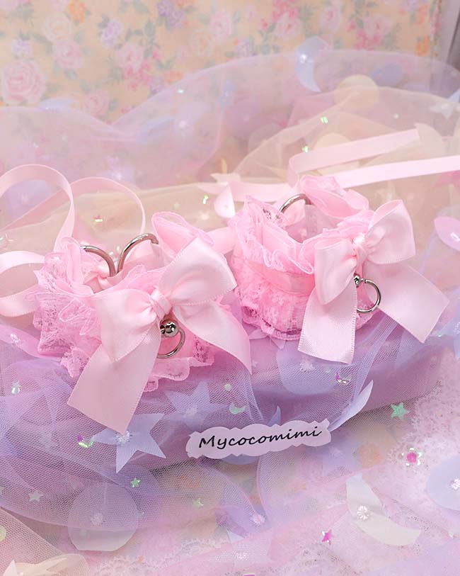 Pink Lace Ruffle Wrist Cuffs – Kawaii Kitten Play Gear Bow Cuffs, Pastel Cosplay Bracelets, Coquette Accessories, Cute Alternative Fashion - Image 4