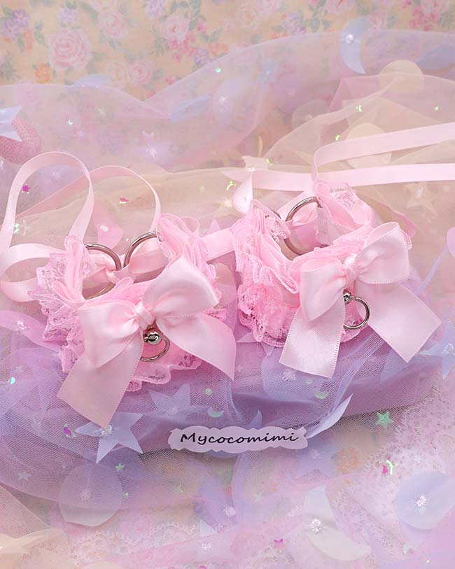 Pink Lace Ruffle Wrist Cuffs – Kawaii Kitten Play Gear Bow Cuffs, Pastel Cosplay Bracelets, Coquette Accessories, Cute Alternative Fashion - Image 5
