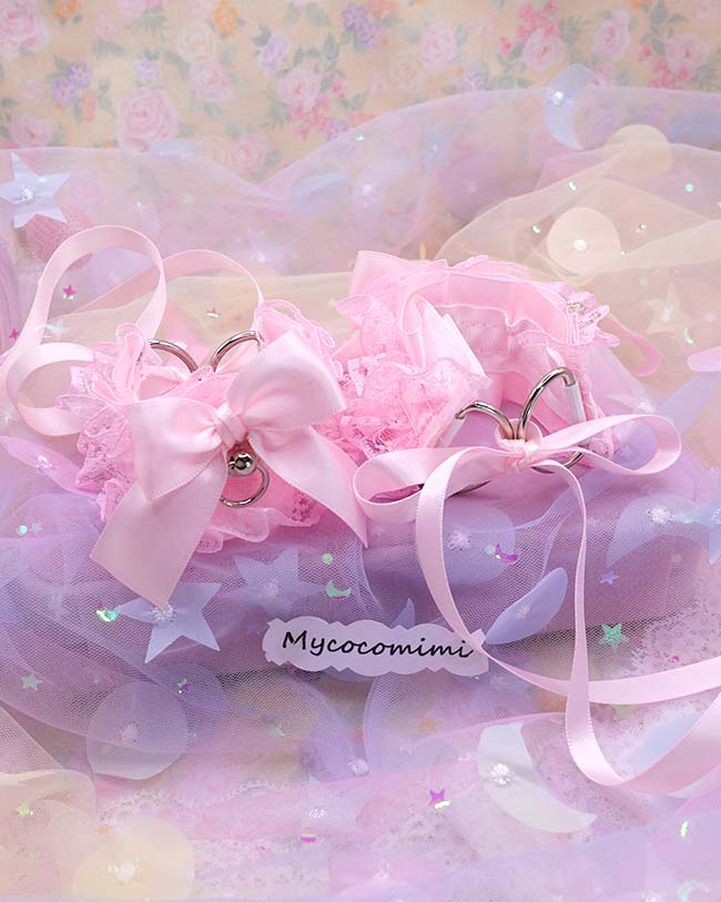 Pink Lace Ruffle Wrist Cuffs – Kawaii Kitten Play Gear Bow Cuffs, Pastel Cosplay Bracelets, Coquette Accessories, Cute Alternative Fashion - Image 2