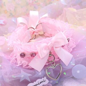 Pink Kitten Play Collar, Lace Ruffle Heart Bow Choker, Pastel Necklace, Kawaii Coquette Jewelry, Kittenplay Gear, Neko Cosplay
